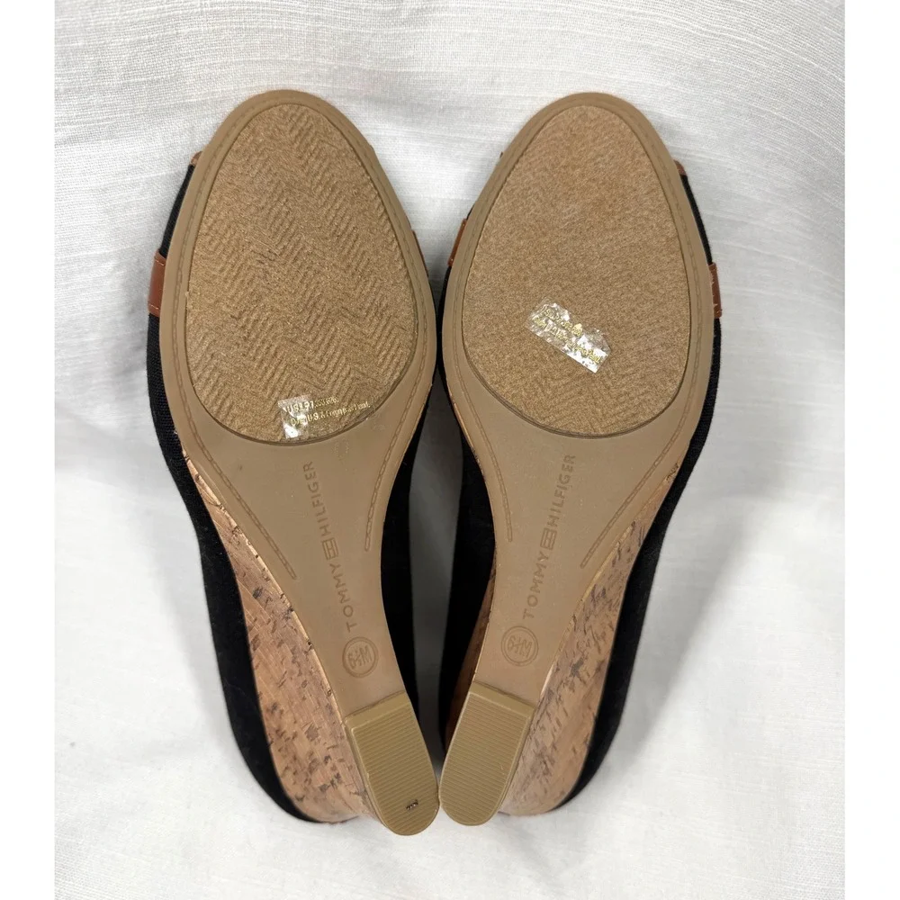 Tommy Hilfiger Canvas Horsebit Cork Wedge Peep Toe Heels Black Brown Sz 6.5 NWOB